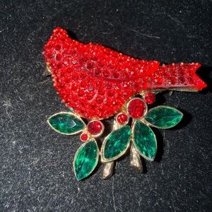 Vintage Red Cardinal & Green Rhinestone Cardinal Bird Brooch Guc 1.5”